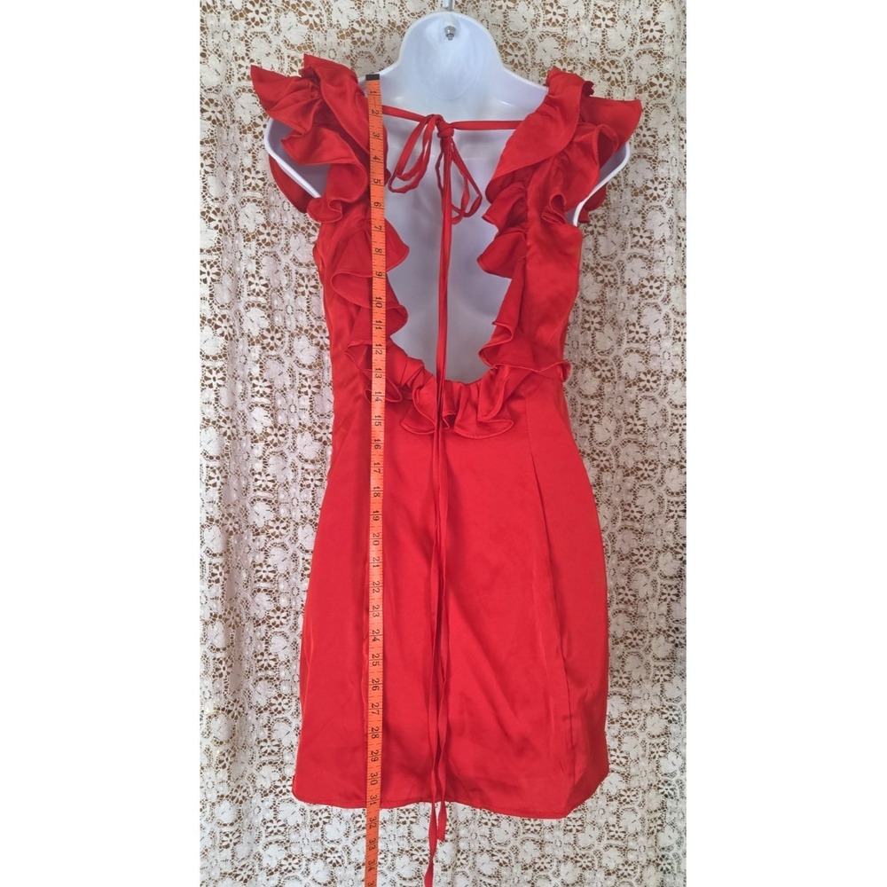 Red Satin Mini Dress 4 Ruffled Lo Back Tie Lined Padded Homecoming Party NWT - Picture 7 of 9